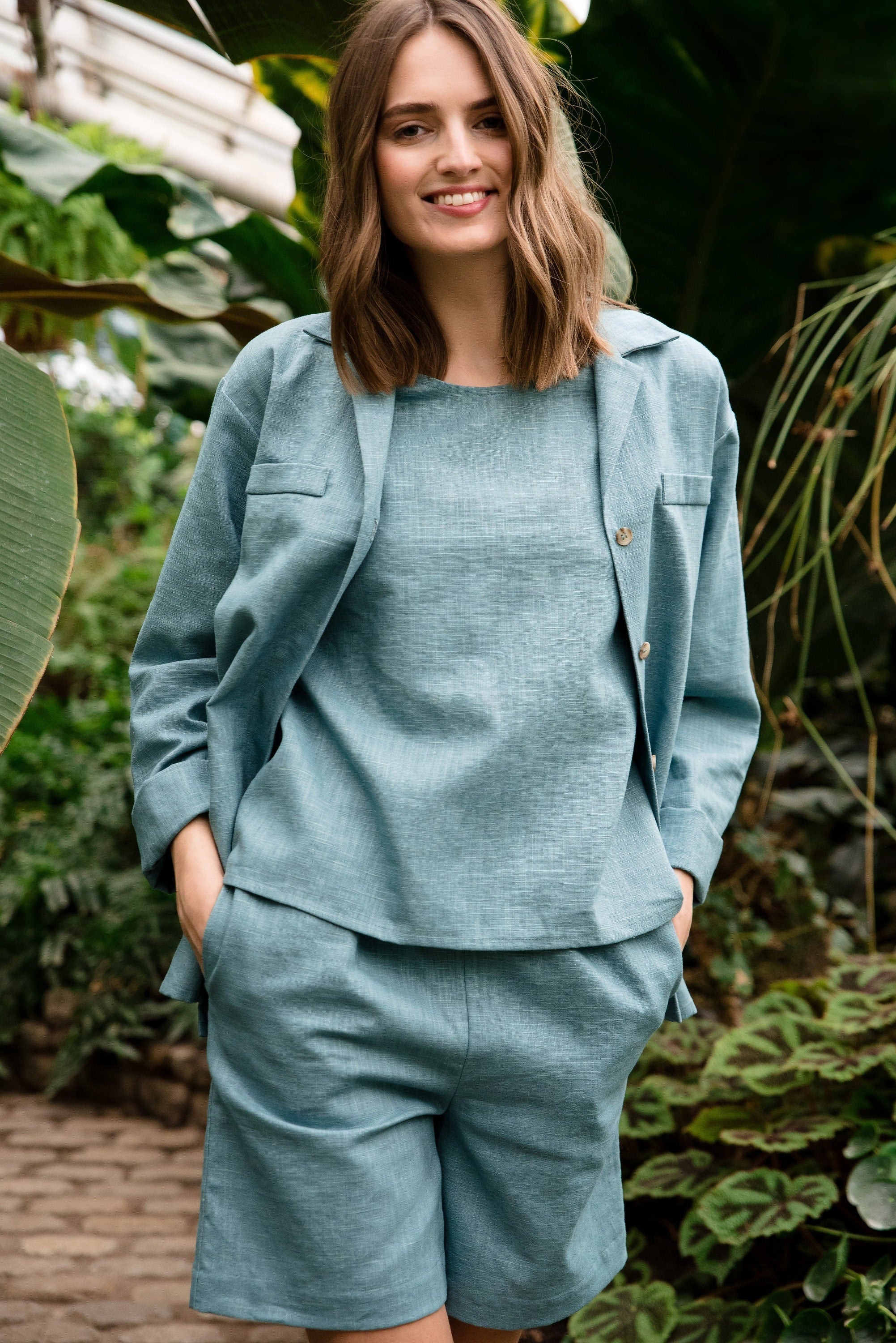 pantaloncini di lino SIMPLICITY, verde acqua, S